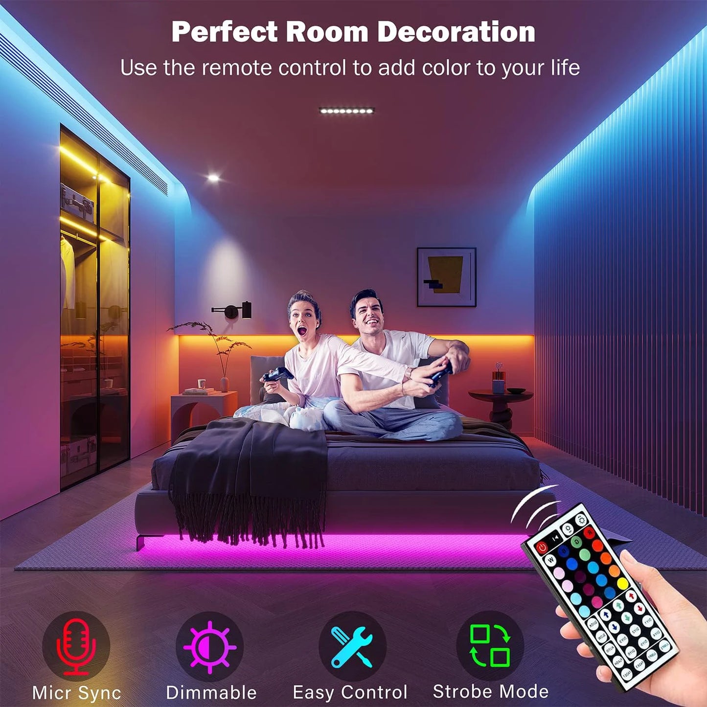 Tira de luces LED RGB de 5 m, 10 m, 20 m y 30 m para habitación con control por aplicación, cinta flexible de luces LED para decoración de habitaciones y dormitorios